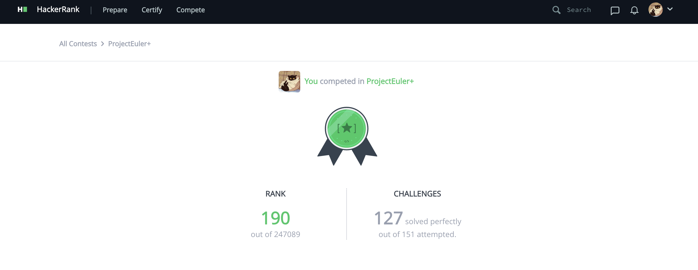 HackerRank ProjectEuler+ ranking result